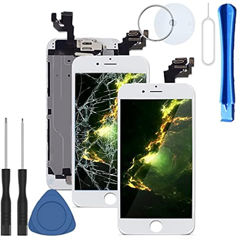 ZTR White for iPhone 6 Plus 5.5 inch LCD Display Digitizer Touch Screen Replacement Full Complete Frame Assembly with Home Button Front Facing Camera Earpiece Speaker and Repair Tool Kits Cover