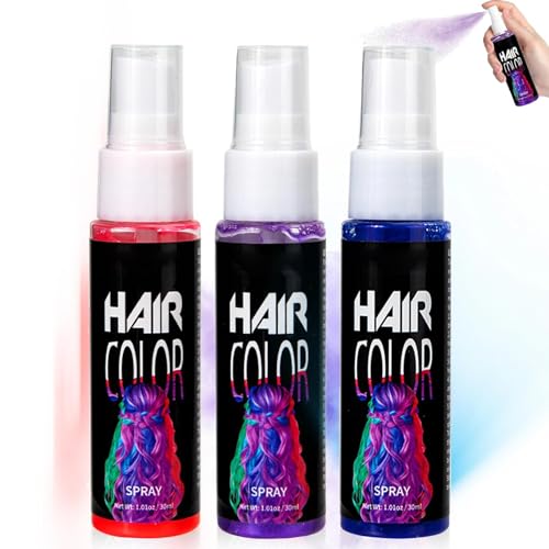 Temporary Hair Colour Spray 3 Colors Wash Out Hair Dye Colored Hair Spray for Cosplay Party Prom Halloween Christmas (Purple Red Blue)