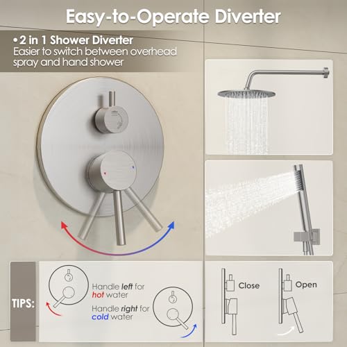 Gabrylly Shower System, Wall Mounted Shower Faucet Set with Shower Valve, High Pressure 10" Rain Shower head with Handheld Spray Combo, 2 Way Rainfall Shower Head Set, Brushed Nickel by GABRYLLY - Image 5