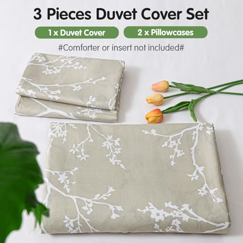 Image of Lekesky Queen Size Duvet Cover Set, Reversible Duvet Cover Queen with Branch Pattern, Lightweight Soft Microfiber Comforter Cover, 3 Pieces Khaki Bedding Set with Zipper and 2 Pillowcases