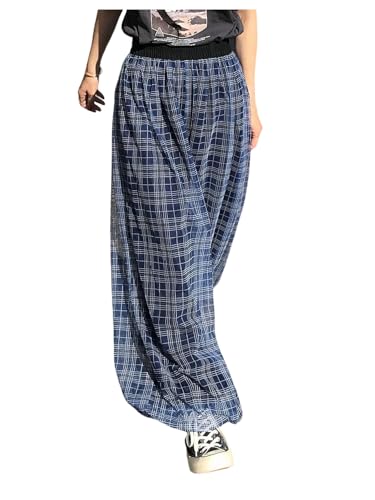 MakeMeChic Women's Plaid Print Baggy Pants Elastic Waisted Wide Leg Y2K Trousers