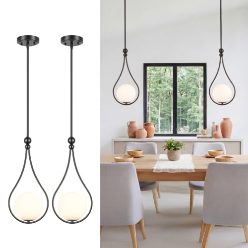 Image of Black Pendant Lights Kitchen Island with Milky White Globe Glass, 2 Pack | Mid Century Adjustable Hanging Pendant Light Fixtures