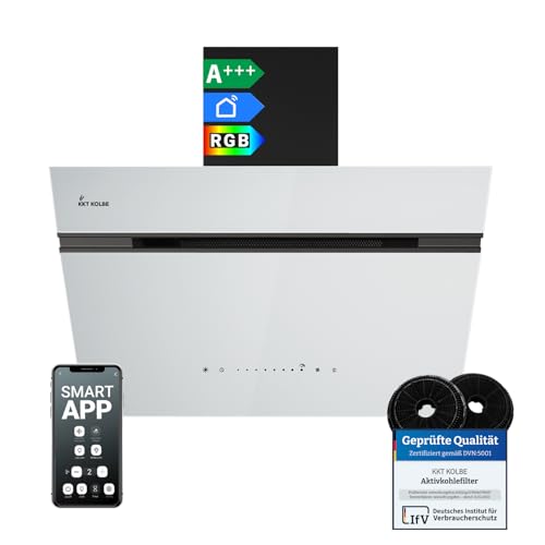 KKT KOLBE A+++ Dunstabzugshaube 60 cm 782 cbm/h Umluft Abluft Kopffrei Wandhaube | Schwarz Weiß Glas | Nachlaufautomatik | Smart WiFi App WLAN | SensorTouch | RGBW LED-Beleuchtung | AURORA6005SW