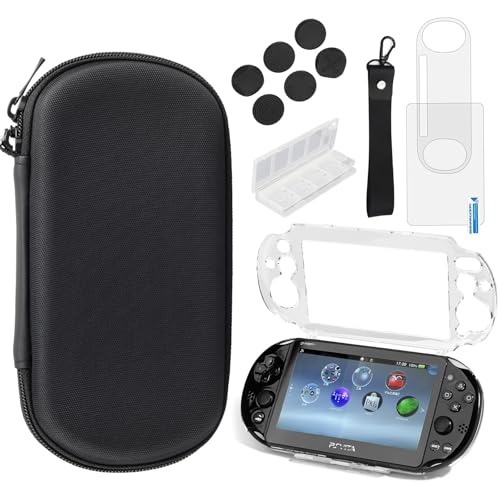 12-in-1 Accessories Kit for PS Vita 2000 Slim - Black Case with Front & Back Protector, crystal protective cover for PSV 2000,6Pcs Thumb Grip Caps, card box, wristband hanging rope