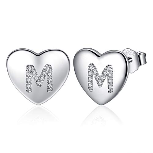 Pendientes Mujer Plata de Ley 925, Pendientes Niña Iniciales Letra M, Pendientes Corazón Plata Pequeños Regalos Navidad Originales