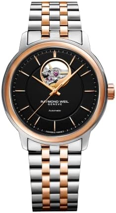 RAYMOND WEIL Maestro Men&#39;s Automatic Watch 40mm, Visible Open Balance Wheel, Two-Tone Stainless Steel &amp; Rose Gold PVD Bracelet, Black Dial, Swiss Made (Model: 2227-SP5-20021)