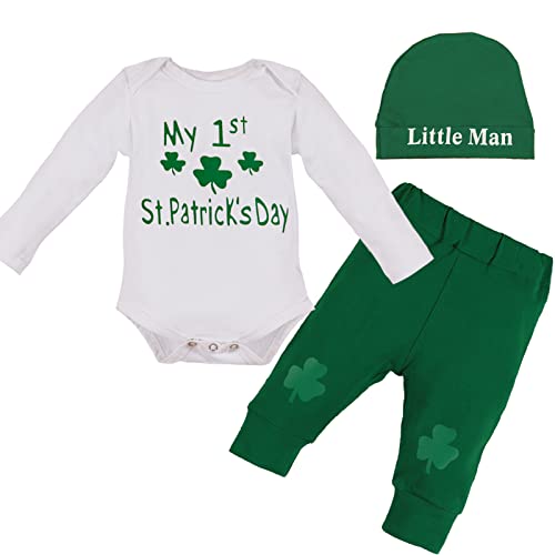 VAIZIQ Baby Boy St. Patrick's Day Outfit，Newborn My 1st Day Long Sleeved Letter Top+pants+Hat 3Pcs Set