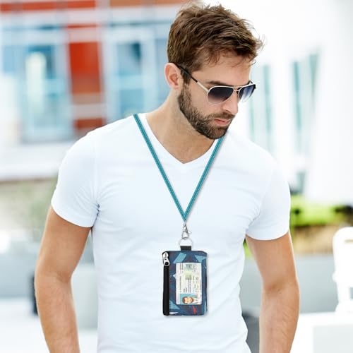 Image of Minimalist RFID Wallet with Lanyard, Multi-functional ID Case with 2 Zipper Pockets and Key Chain for Men and Women, Tactical Badge Pouch Cards Holder, Coin Purse for Travel Sports - Two-Tone