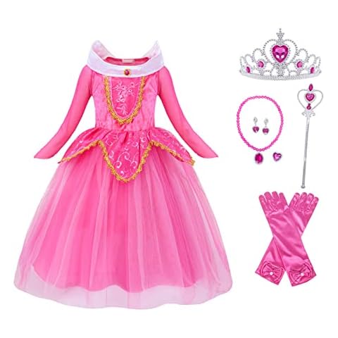 Jurebecia Princess Dress for Girls Costume Aurora Toddler Fancy Outfits Girls Halloween Birthday Carnival Party Dresses for Girls with Accessories Pink 9-10 Years Cover