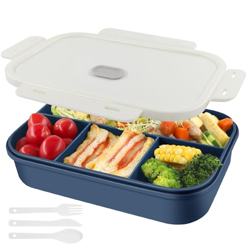 HUAERSICO Brotdose 1400ml - Lunchbox mit 4 Fächern - Brotdosen Auslaufsicher mit Dichtring, Bento Box - BPA-frei, für Erwachsene & Kinder (Blau)
