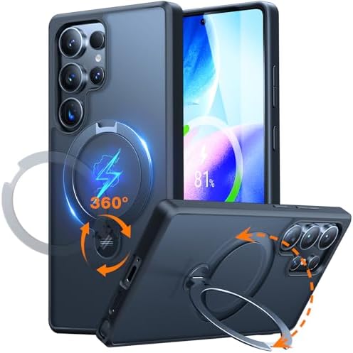 TORRAS Ostand Q3 Spin für Handyhülle Samsung Galaxy S25 Ultra Hülle Schwarz | (360° Magnetischer Robust Standring) TOP Militärschutz Stoßfest Matt Durchscheinende Rückseite Hülle S