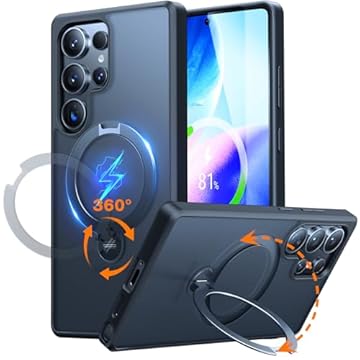TORRAS Suporte magnético giratório de 360° para Samsung Galaxy S25 Ultra, adequado para Magsafe, capa protetora fina de grau militar S25 Ultra com suporte e suporte de anel, Ostand Spin, preto