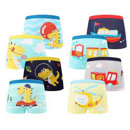 FILOWA Boxershorts Jungen Kinder 8er Pack Baumwolle Unterhosen Dinosaurier Ballon Bagger Auto Muster Briefs Boxer Elastisch Unterwäsche Set Weich Underwear für Kleinkind 7-8 Jahre, Gr.128-134
