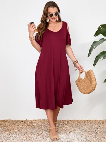 Image of LARACE Plus Size Women Dress for Summer, Midi Women's Sundress, Casual V-Neck Short Sleeve Flowy T-Shirt Dresses with Pockets