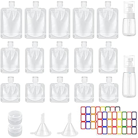 Homgaty 23Pcs Travel Toiletry Containers, 15 Portable Travel Fluid Makeup Packing Bags(30ml/50ml/100ml), Travel Bottles for Toiletries and Travel Liquid Pouches with Cosmetic Jars Funnels Labels Cover