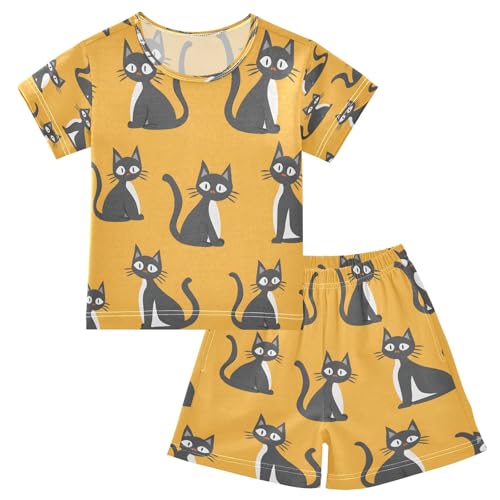 Cartoon Cat Kids Pjs Set Boys Girls Summer Short-Sleeve Sleepwear Pajamas 2PCS