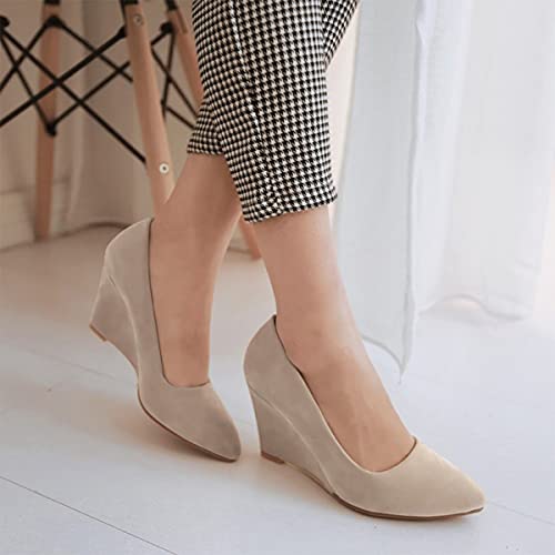 Hello Shero Heeled Wedges for Women Almond Round Toe High Heel Pumps Classic Slip-on Suede Leather Dress Shoes3