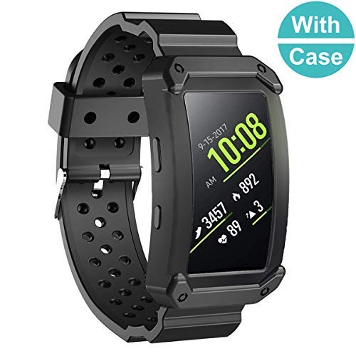 Sunjoyco Band for Gear Fit2 / Gear Fit2 Pro Bands, Shockproof Silicone Rugged Protective Frame Case with Sport Strap Replacement for Samsung Gear Fit 2 / Fit 2 Pro Smart Watch – Black