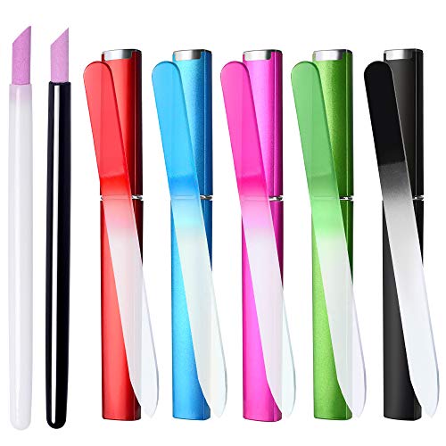 DKAF 5 Pcs Glass Nail Files Kit With Cases+ 2 Pcs Exfoliating Push Quartz Pen, Double Sided Etched Filing Surface Finger Nail Files, Professional Manicure Nail Care