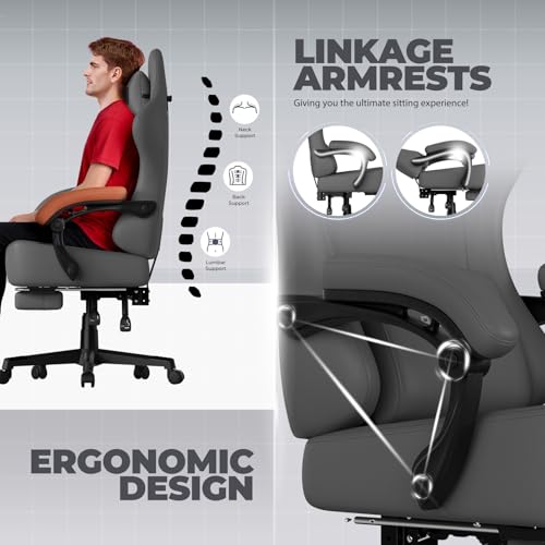 Image of GTPLAYER Big and Tall Gaming Chair 400lbs Heavy Duty Office Chair with Footrest, High Back Pocket Spring Ergonomic Computer Chair for Adults, Wide Seated Cushion with Linkage Armrests, Leather Grey