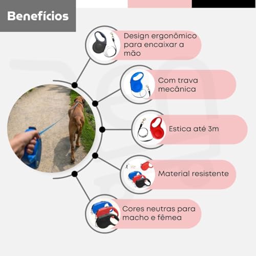 Coleira Guia Retrátil Pet Premium Para Cachorros e Gatos 3 Metros (Preto, 3 metros)