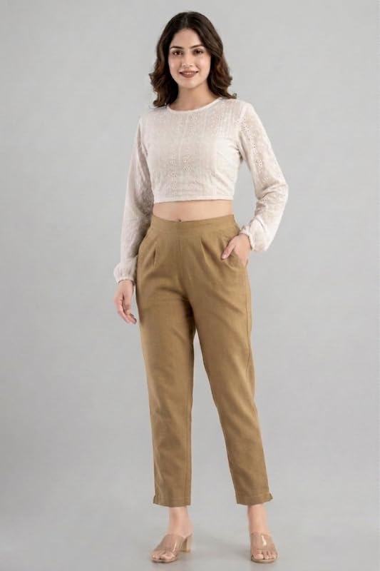 Image of Solid Cotton Woman Trousers Pants Regular Fit Kurti Pant with Drawstring Daily Office Formal Casual Use