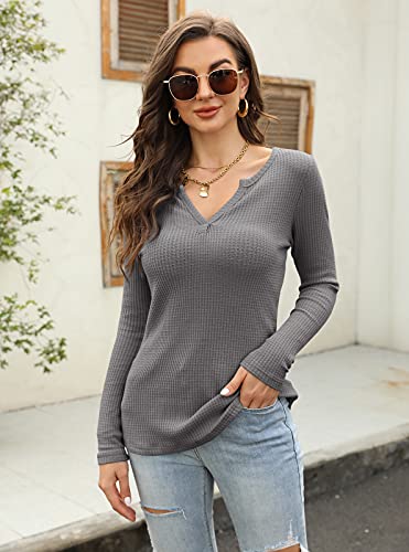 Image of Farktop Womens Long Sleeve Tops Henley V Neck Lightweight Pullover Sweaters | Casual, Loose Fit, Fall, Winter, Warm, Waffle Knit Shirts