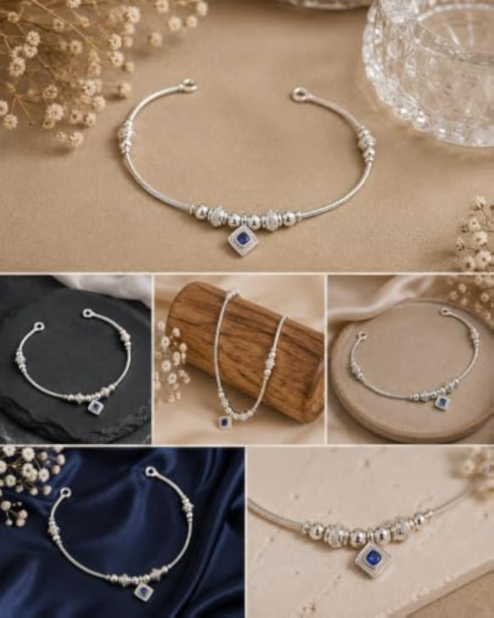 Women's Silver-Tone Blue Charm Anklet with Beaded Chain
