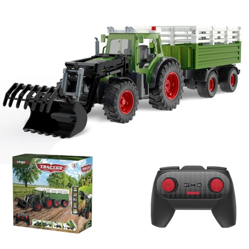 kolegend Remote Control Tractor with RC Dump Trailer & Front Loader, Kids RC Tractor Toy 2.4Ghz Remote for Driving and Dumping, 8 Wide Wheels &Lights, Farm Toy for Kids Ages 3+