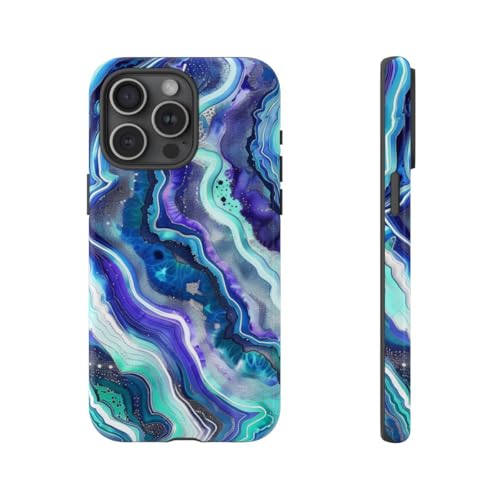 Coque iPhone 15 Pro Max rigide brillante géode bleue anti-rayures et élégante