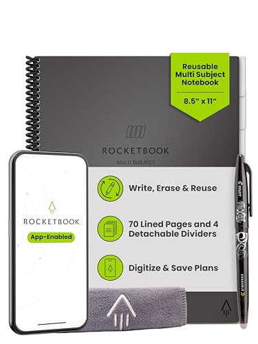 Image of Rocketbook Multi-Subject Reusable Smart Notebook, Letter 8.5x11, Gray | 70 Lined Pages, 4 Adjustable Dividers for Organize Classes, Projects and Notes
