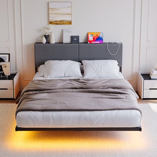 HOMERECOMMEND Letto 120 x 200 cm, effetto visivo galleggiante, telaio del letto con illuminazione a LED e stazione di ricarica, struttura per letto matrimoniale con testiera e rete a doghe, testiera