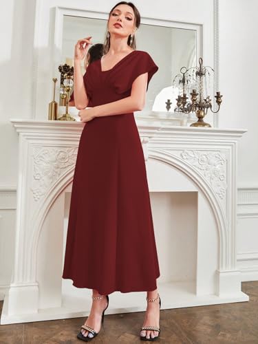 Image of Shasmi Women's & Girl's Solid A-Line Maxi Dress | V-Neck Pleated Bodice | Cap Batwing Sleeves | Fit & Flare Evening Gown (Dress 274)