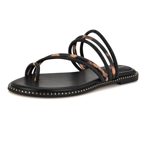 Nine West Sandalias planas Dashin para mujer, Negro/Leopardo Multi 001, 38 EU