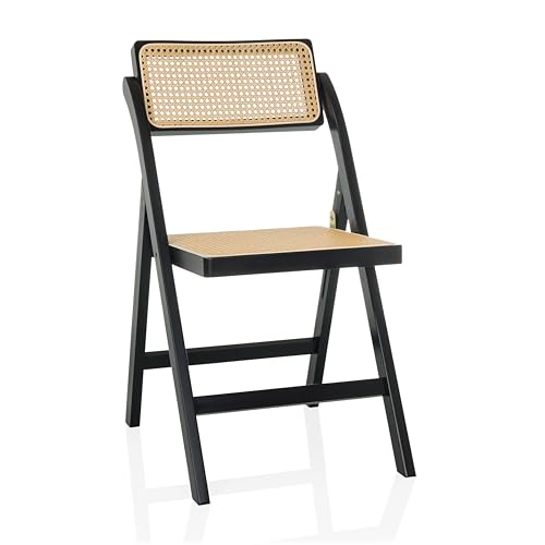 hjh LIVING Klappstuhl aus Bambus mit Wiener Geflecht TUDELA Bamboo Holzklappstuhl, Klappbarer Stuhl, 130kg belastbar, 360° drehbarer Rückenlehne, Schwarz/Braun