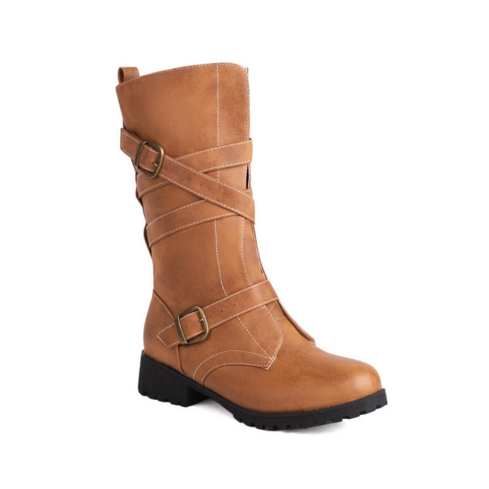 Womens Mid Calf Cowboy Boots Wide Calf Fit Round Toe Low Heel Pull-On Biker Style with Buckle for