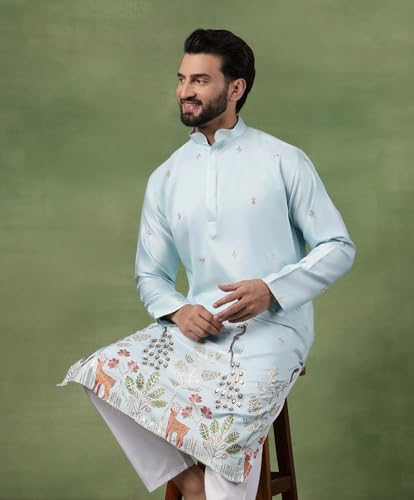 Image of SOJANYA (Since 1958 Men's Cotton Silk Flora & Fauna Embroidered Long Kurta