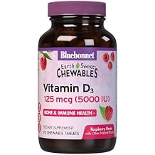 Bluebonnet Nutrition Earth Sweet Vitamin D3 5000 IU Chewable Tablets, Aids in Muscle & Skeletal Growth, Non GMO, Gluten & Soy & Milk Free, Kosher, Raspberry, White, 90 Count