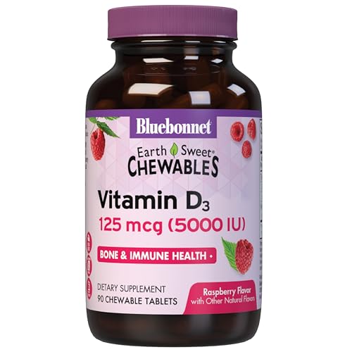 Bluebonnet Nutrition Earth Sweet Vitamin D3 5000 IU Chewable Tablets, Aids in Muscle & Skeletal Growth, Non GMO, Gluten & Soy & Milk Free, Kosher, Raspberry, White, 90 Count