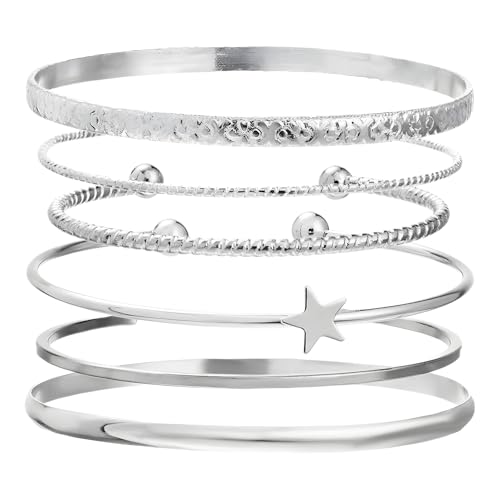 MOTIBACK Sterling Silver Bracelets for Women - 6pcs Star Charm Layered Bracelet Set, Adjustable Dainty Link Chain Silver Bracelet Jewellery for Ladies and Girls
