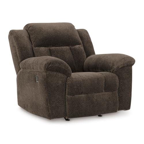 Signature Design by Ashley Frohn Rocker Recliner Chair, Chocolate Brown | Plush chenille fabric, Oversized 43-in manual pull-tab design, Space-saving 12-in wall distance