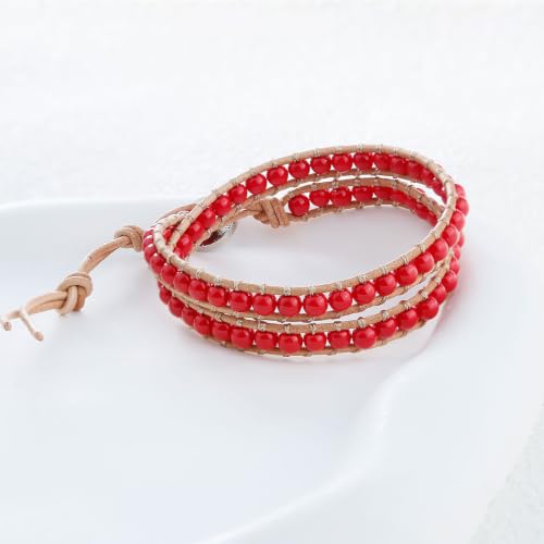 Image of KELITCH Double Wrap Bracelet Women Hand-Braided Turquoise Beads Bracelets Boho Leather Bracelets Bangle