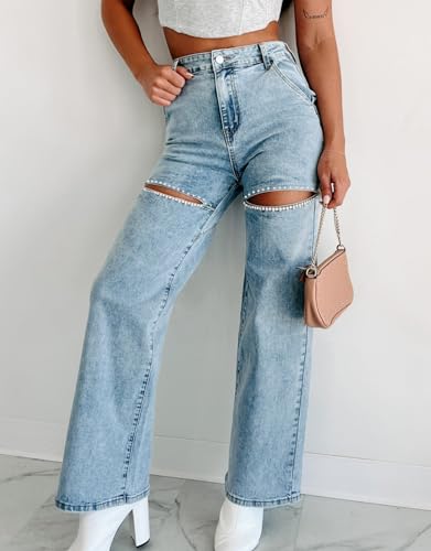Kedera Women High Waist Denim Jeans Rhinestone Trim Bling Jeans Plus Size Denim Pants2