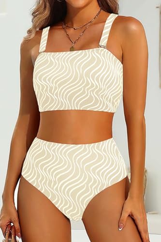 Image of High Waisted Bandeau Bikini Set - Women Strapless Two Piece Swimsuits Ribbed Longline Full Coverage Bathing Suits Swimwear