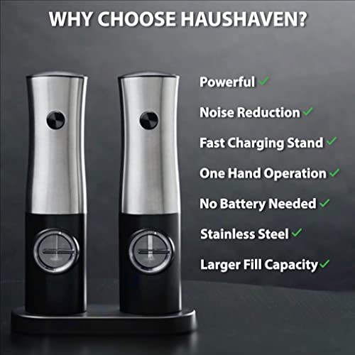 Haushaven Electric Salt And Pepper Grinder Set Rechageable With Stand - Best Kitchen Gadgets, Spice Mill Grinders, Automatic Recharging Base, One-Hand Operation, Refillable, Great Housewarming Gift #TOP6