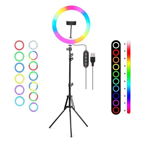 Image of DIGITEK (DRL-14C RGB) Multi-Color LED Ring Light with 5ft Stand and Smartphone Mount, USB Support - Professional Lighting Solution for Photography, Video, YouTube and Content Creation