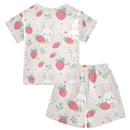 ALAZA Rabbit Strawberry Leaf Pajamas Set Short Sleeve Cotton Sleepwear Summer Pjs 2 Piece 5-14Y2