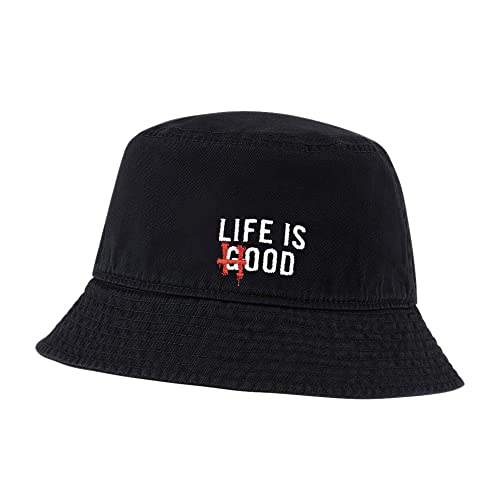 L8502-LXYB Men's Bucket Hat Life is Hood Embroidered Cotton Washed Unisex Casual Fisherman Hat (Black,7 5/8)