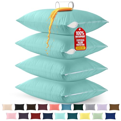 Image of Utopia Bedding Premium 100% Waterproof Pillow Protectors with Zipper King Size (Set of 4), Bed Bug and Dust Mite Proof Zippered Pillow Covers, Pillow Encasement Cases, Spa Blue