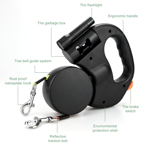 Doppelleine für 2 Hunde - Automatische Hundeleine für 2 Hunde, 360°Verhedderungsfreier Leinenverlängerung Rutschfester Griff Robust Inklusive Beleuchtung Mülleimer Müllsäcken Geeignet für Zwei Hundes